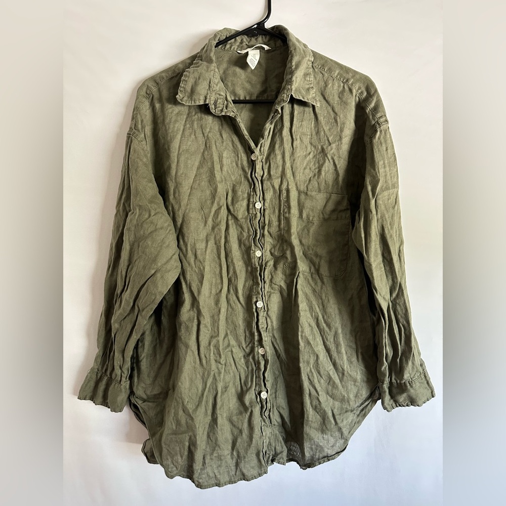 h&m women linen top large green coastal beach vacation boho artsy lagenlook art